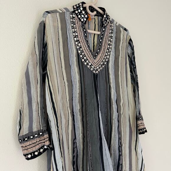 Anu shift tunic striped 3/4 sleeve beaded neckline lightweight vacation boho L - Picture 2 of 12